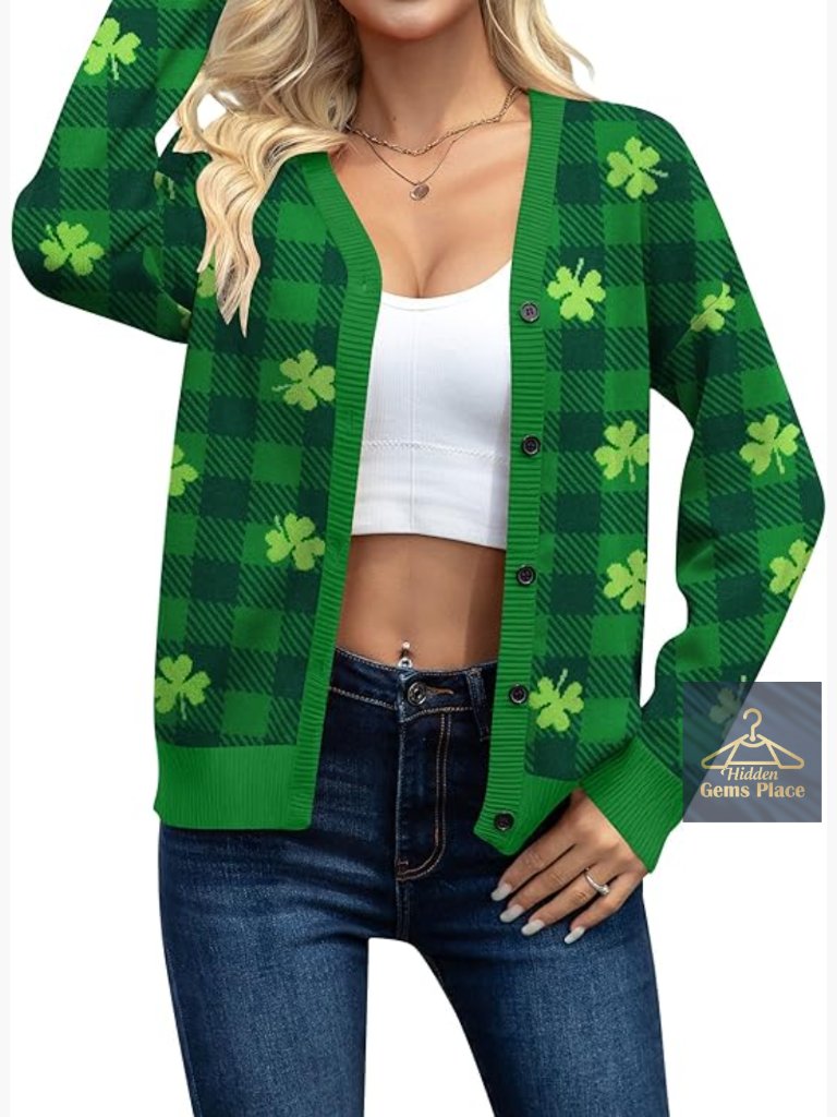 Lucky Shamrock Knit Cardigan V-Neck Open Front Loose Fit Sweater